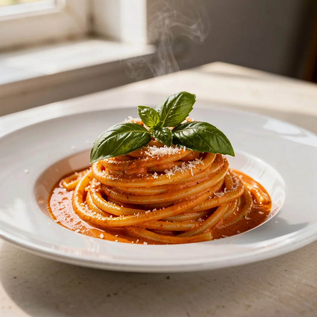 Espaguete ao Molho Cremoso de Tomate e Manjericão