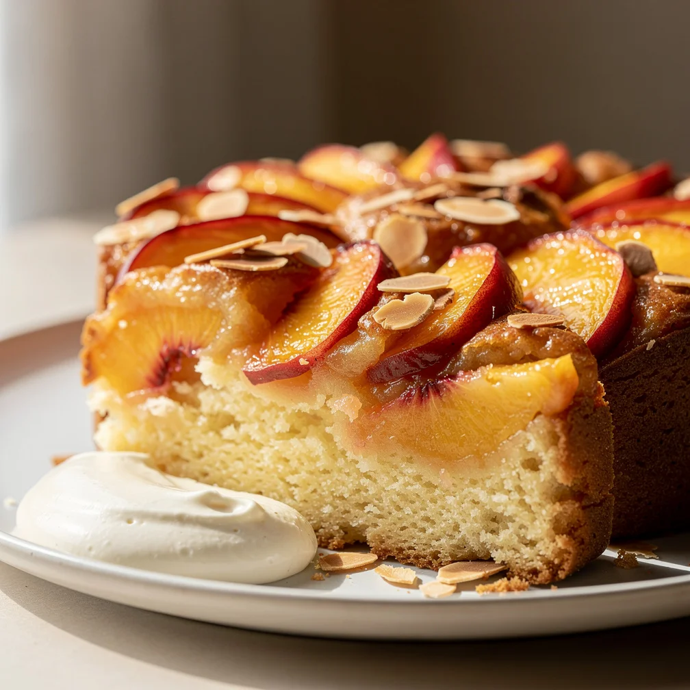 Bolo de Pêssego com Amêndoas e Creme de Baunilha