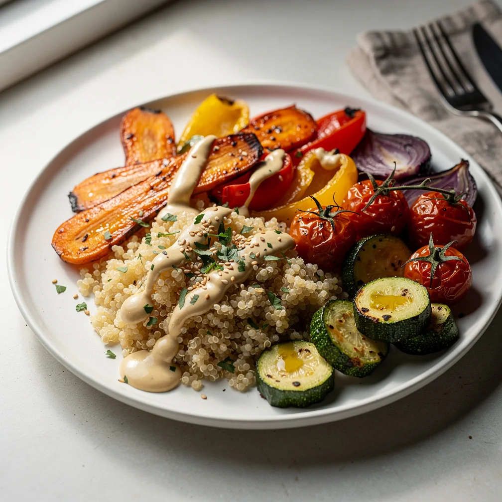 Tigela de Quinoa com Legumes Assados e Molho de Tahine