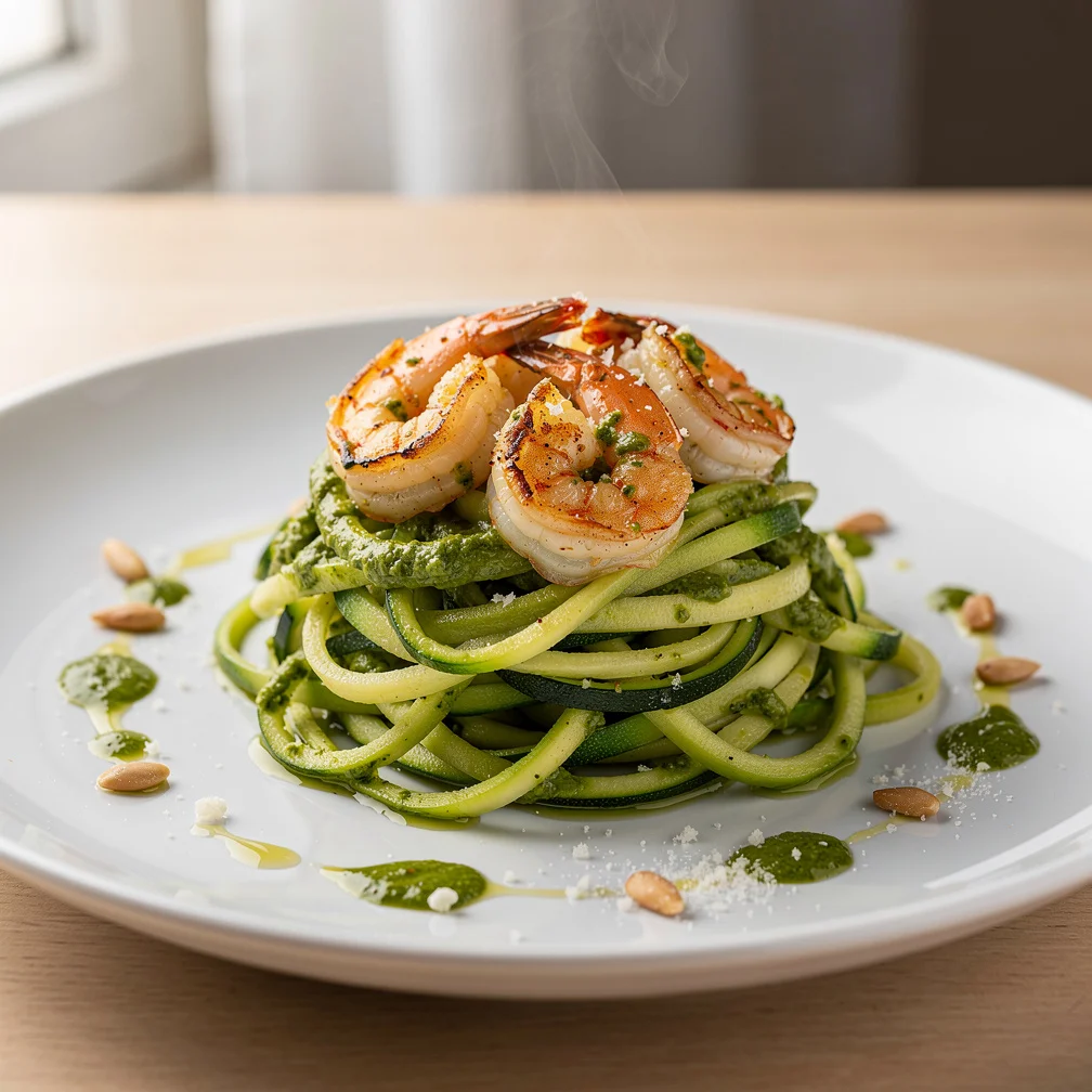 Espaguete de Abobrinha com Molho Pesto e Camarões