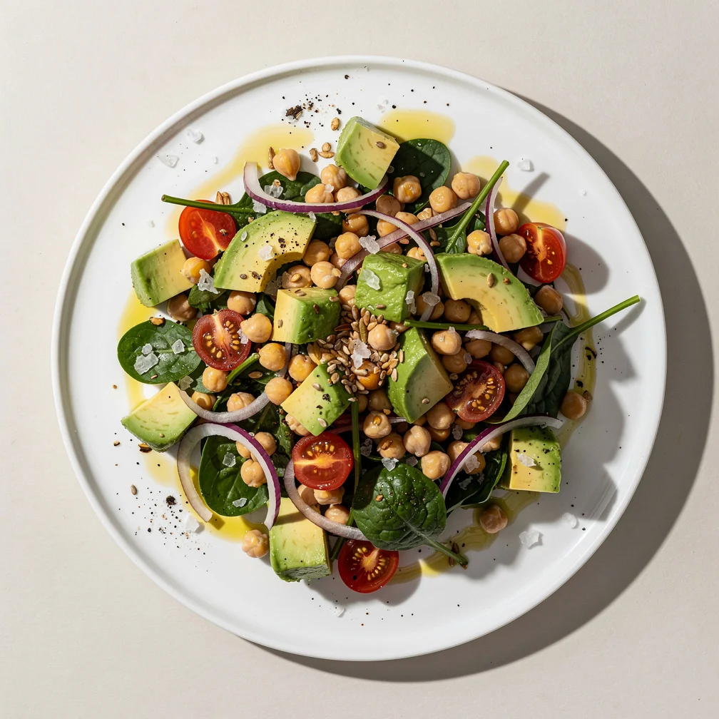 Salada Proteica de Grão-de-Bico com Abacate e Espinafre