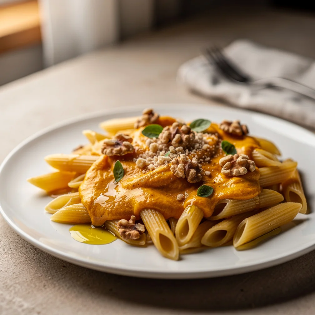 Penne ao Molho Cremoso de Abóbora e Nozes