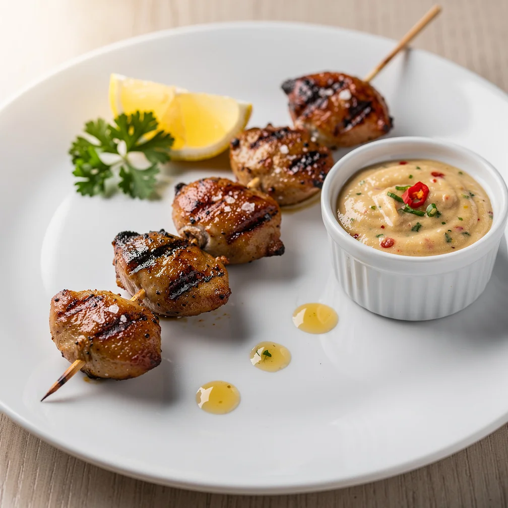 Espeto de Coração de Frango com Molho de Mandioca Picante