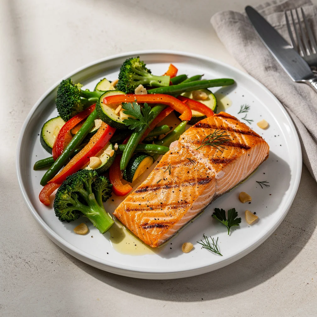 Salmão Grelhado com Legumes ao Alho Low Carb