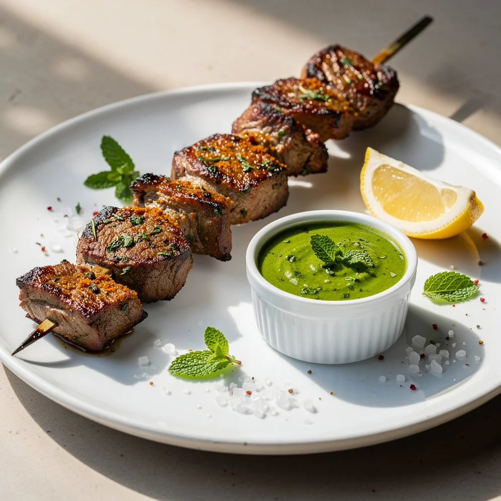 Espetinho de Cordeiro com Molho de Hortelã e Limão