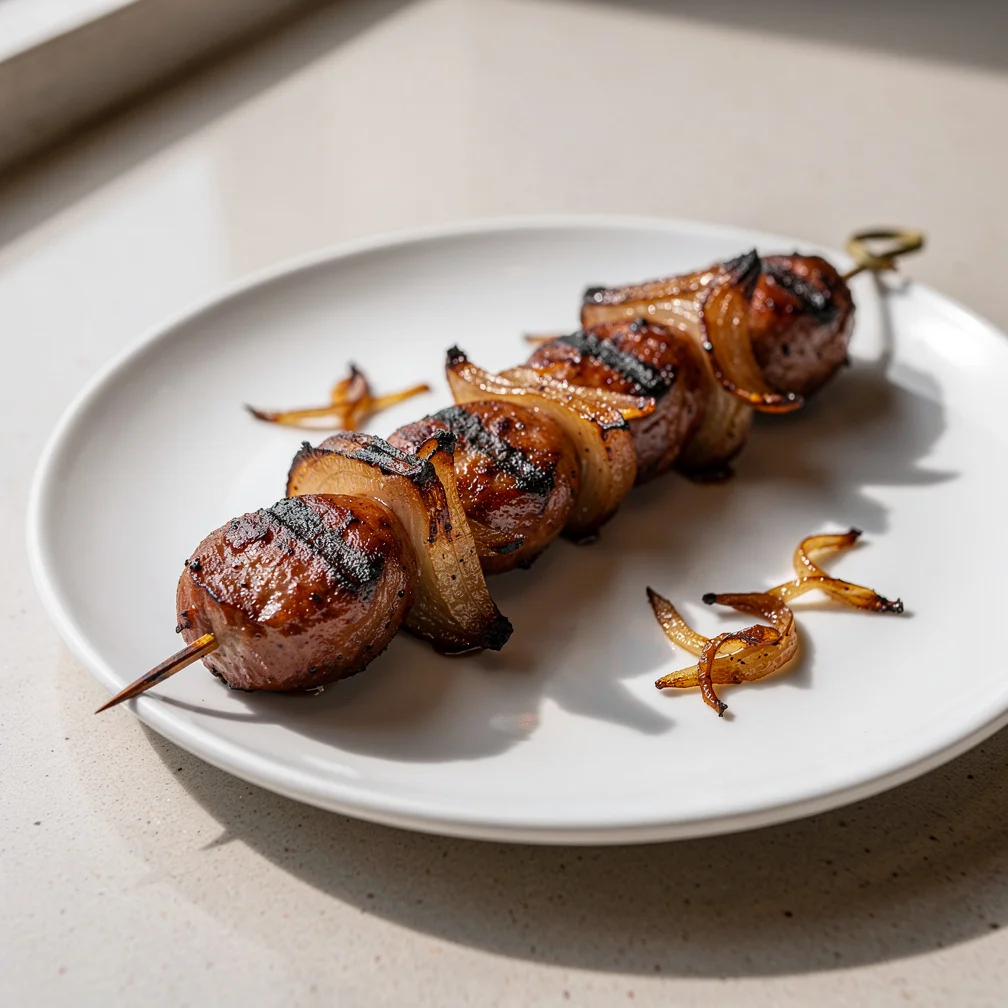 Espetinho de Linguiça Artesanal com Cebola Caramelizada