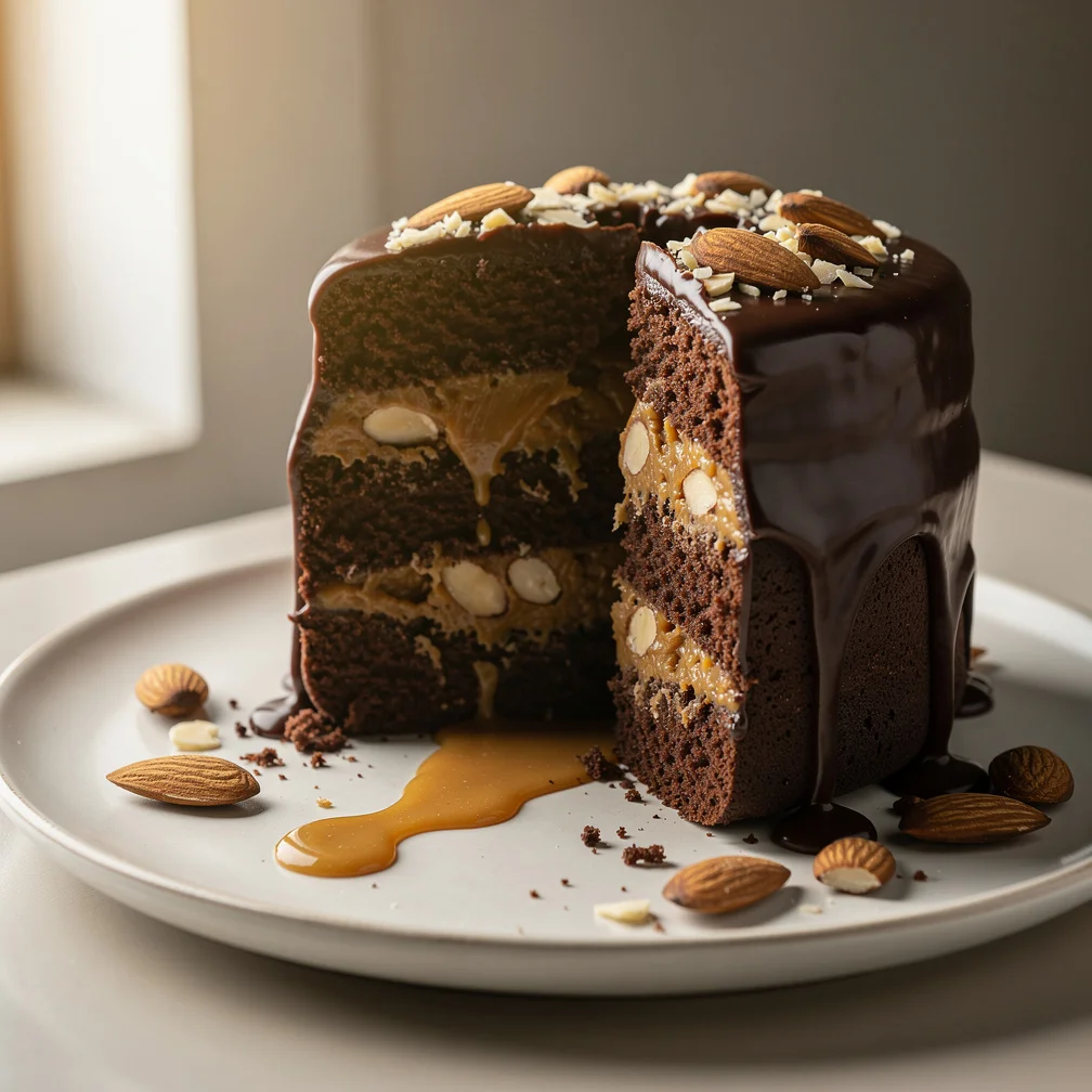Bolo de Chocolate com Recheio de Doce de Leite e Amêndoas