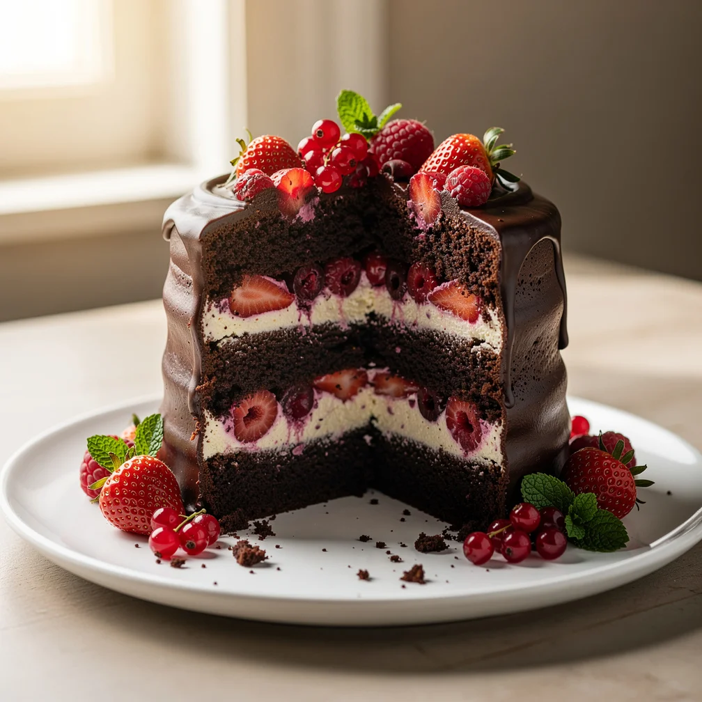 Bolo de Chocolate com Recheio de Frutas Vermelhas e Creme de Baunilha