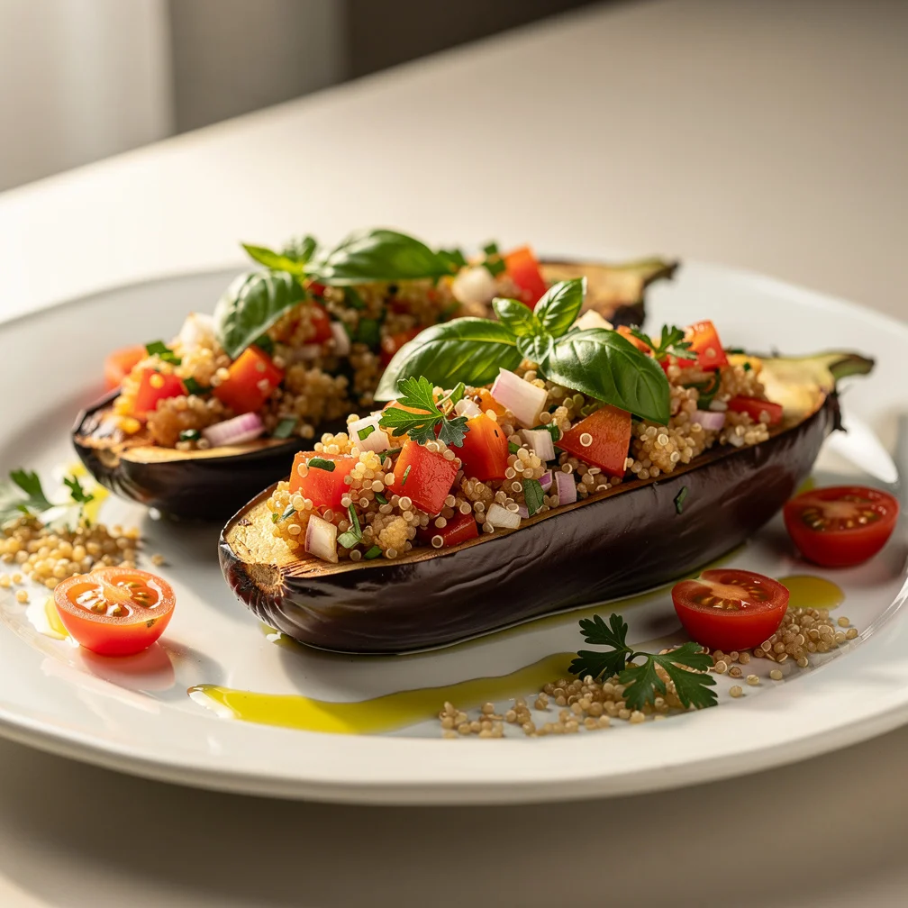 Berinjela Recheada com Quinoa e Tomate