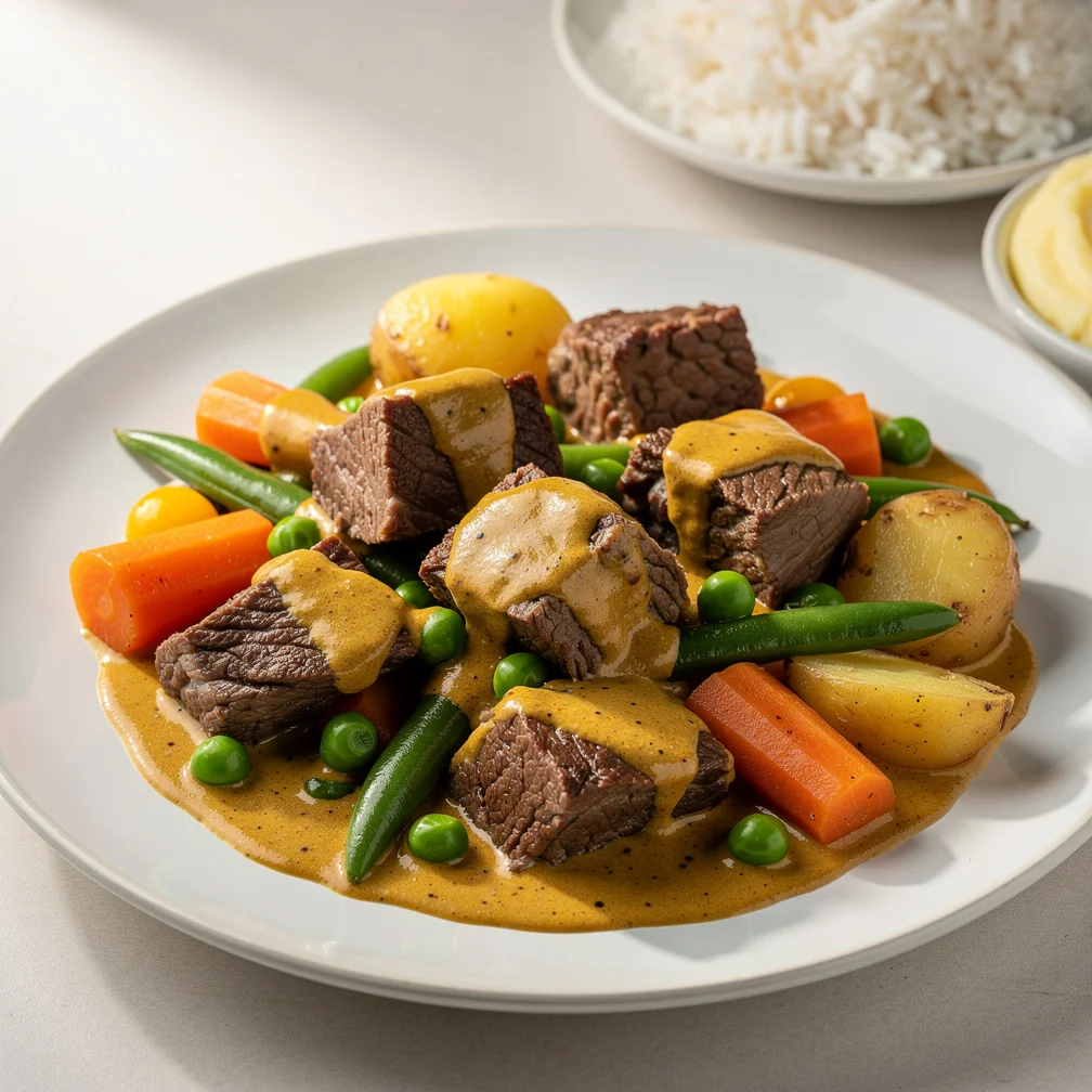 Carne de Panela com Legumes ao Molho Cremoso de Mostarda