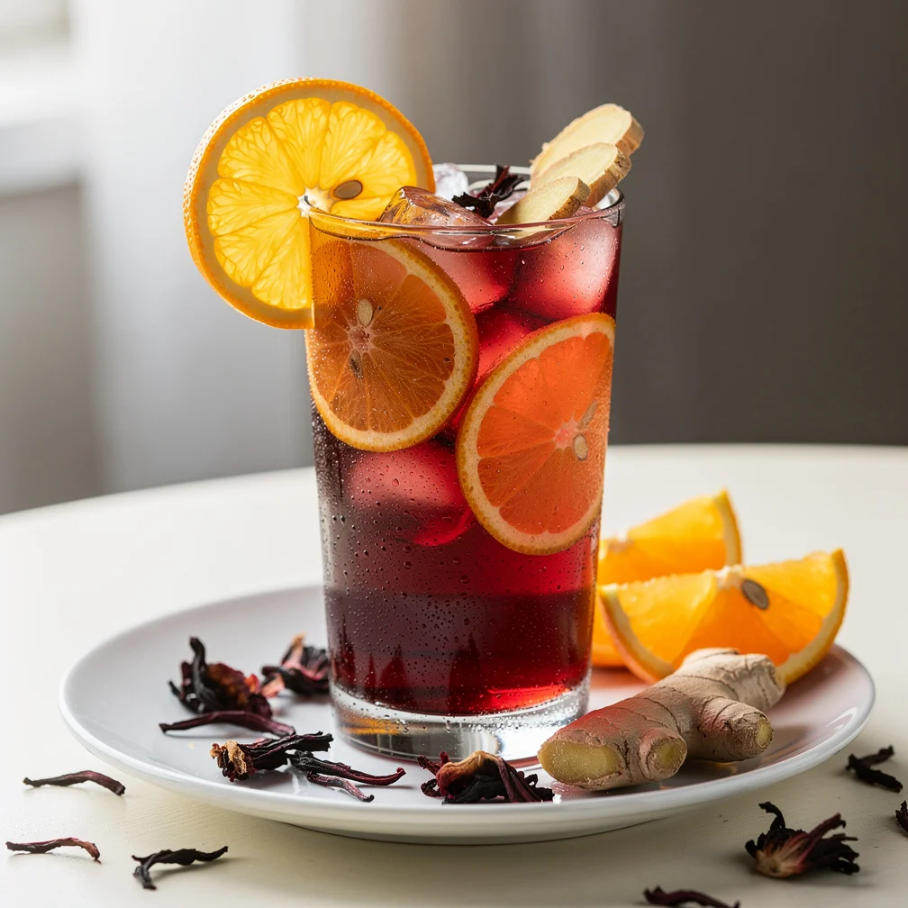 Chá Gelado de Hibisco com Laranja e Gengibre