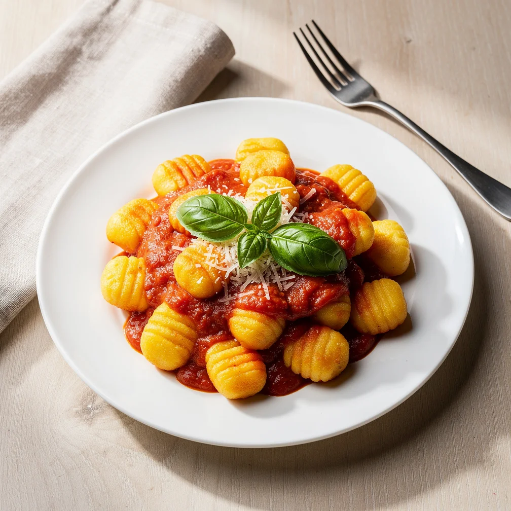 Nhoque de Mandioquinha ao Molho de Tomate e Manjericão