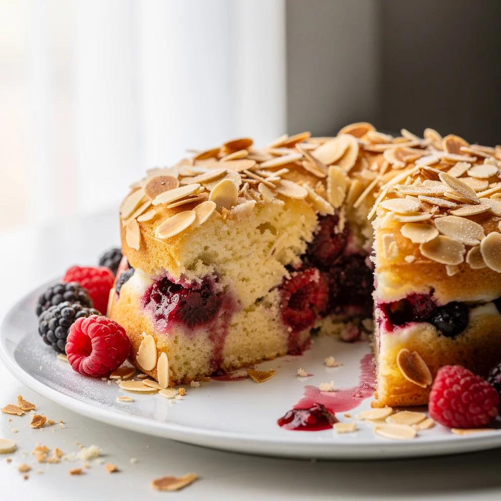 Bolo de Iogurte com Frutas Vermelhas e Crocante de Amêndoas
